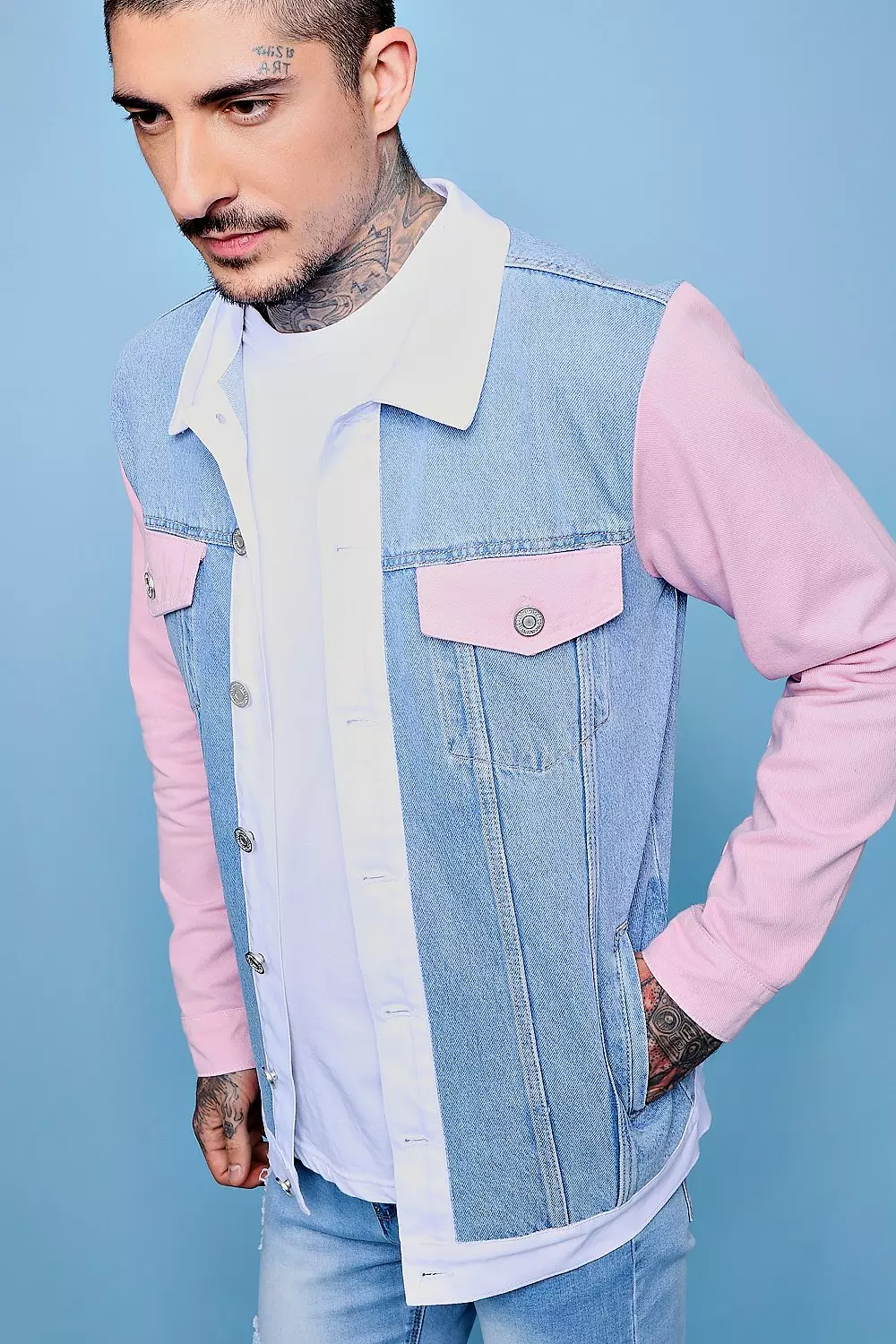 Block colour denim jacket hotsell